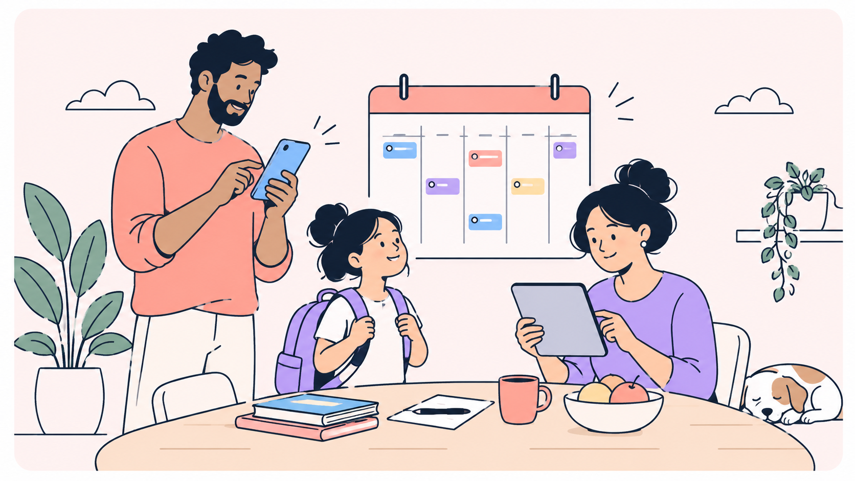 Family using phones and a tablet to plan a shared calendar