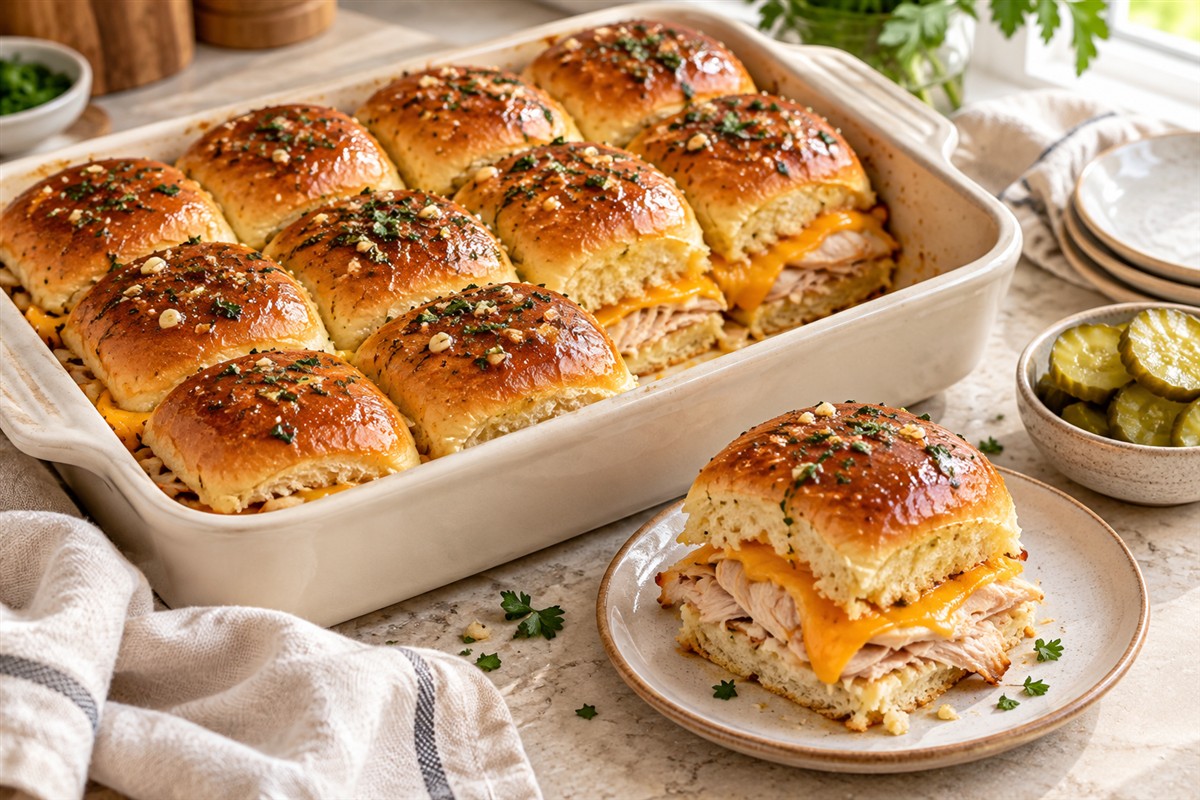 Golden Hawaiian roll sliders filled with roasted turkey and melted cheddar in a cream baking dish