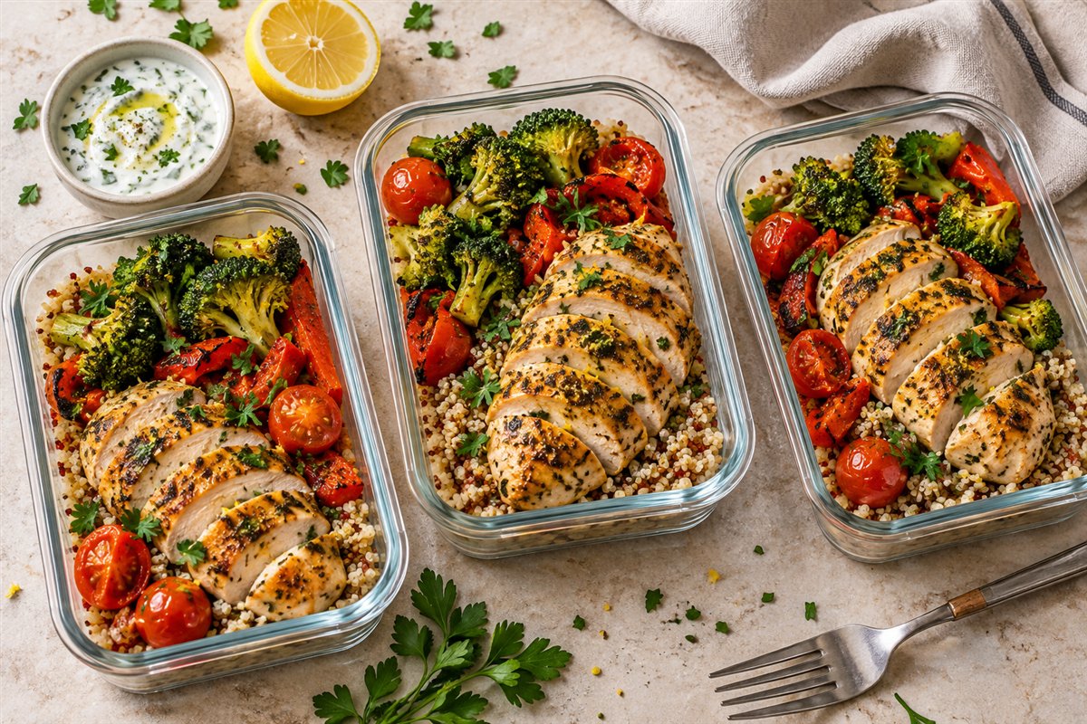 Glass meal prep containers with sliced chicken, quinoa, roasted broccoli and peppers