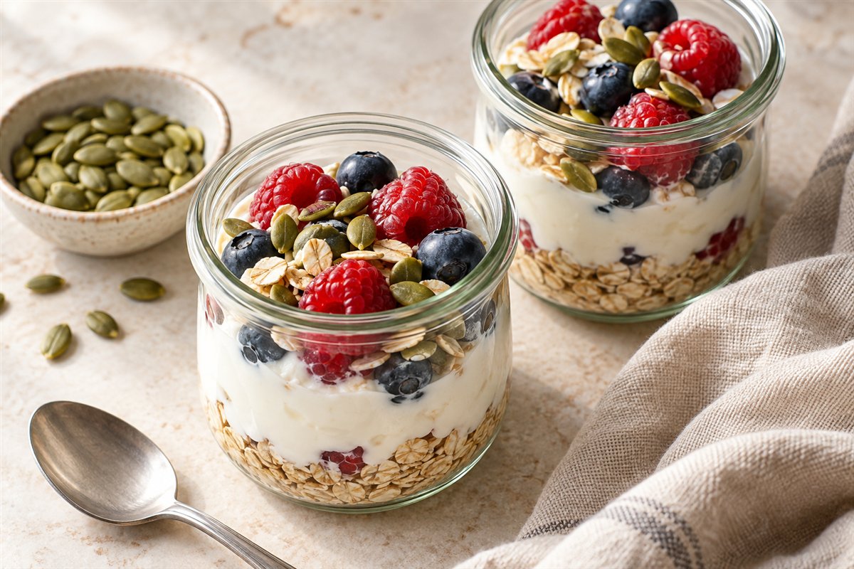 Greek yogurt breakfast jars layered with oats and berries beside a bowl of pumpkin seeds