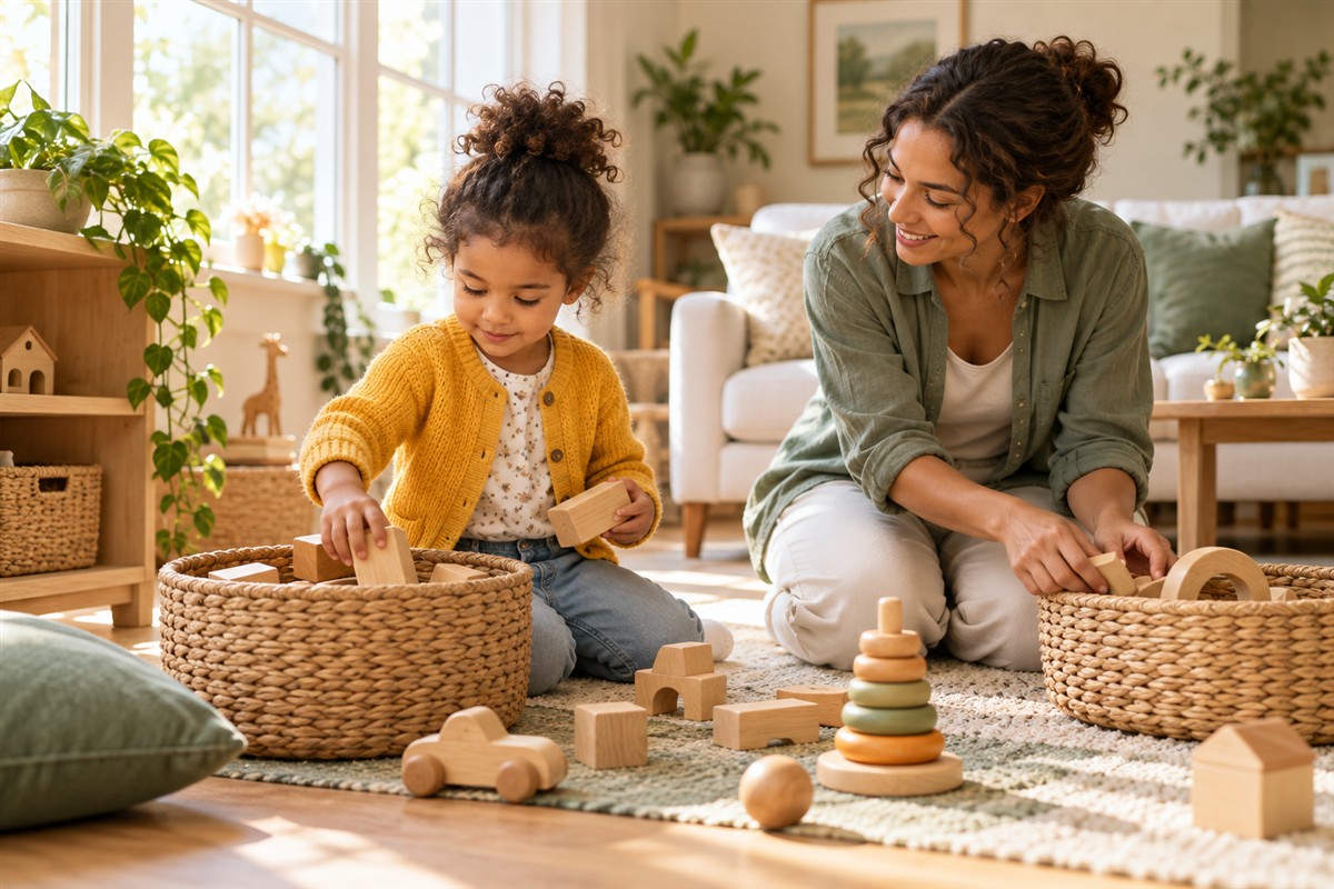 Parent helping a young child put wooden toys into a low storage basket